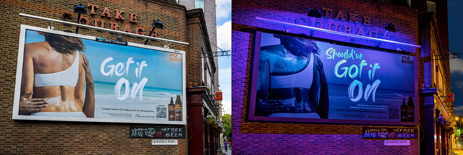 Two shots of outdoor advertising for Piz Buin's 'Get it on' campaign.